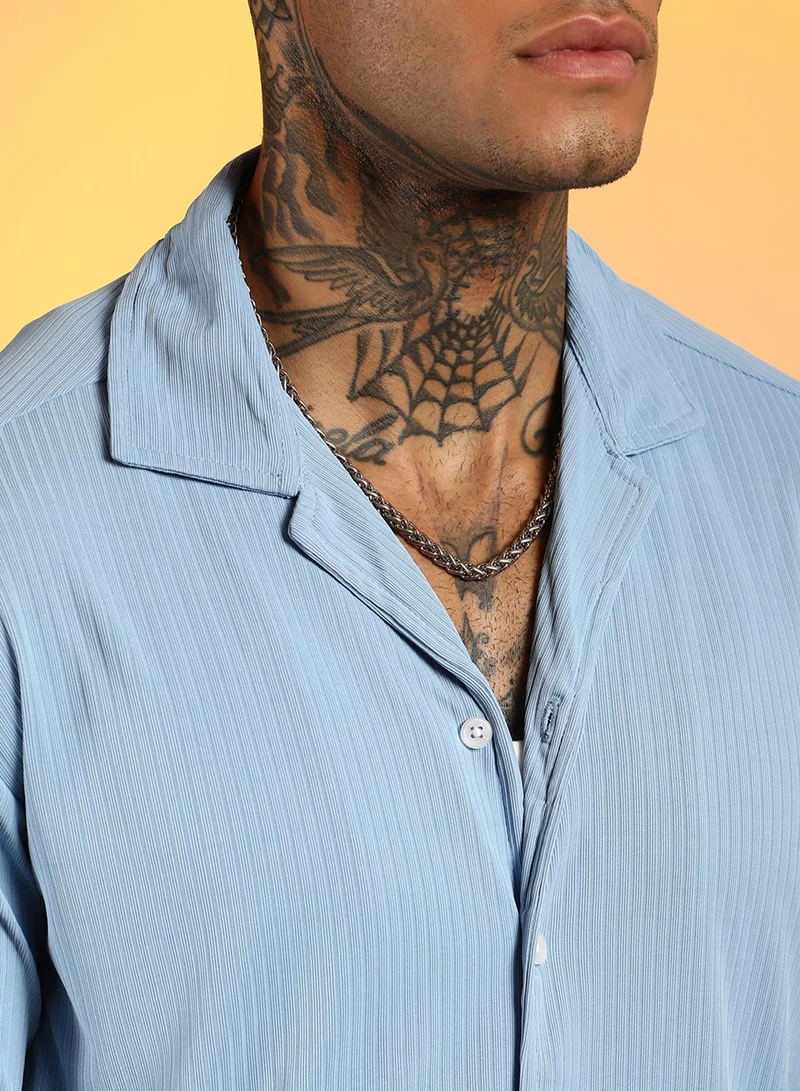 Campus Sutra  Men's Baby Blue Ribbed Utility Co-Ord Set For Casual Wear | Cuban Collar | Short Sleeve | Button Closure | Co-Ords Crafted With Comfort Fit For Everyday Wear for Men | Best Price UAE
